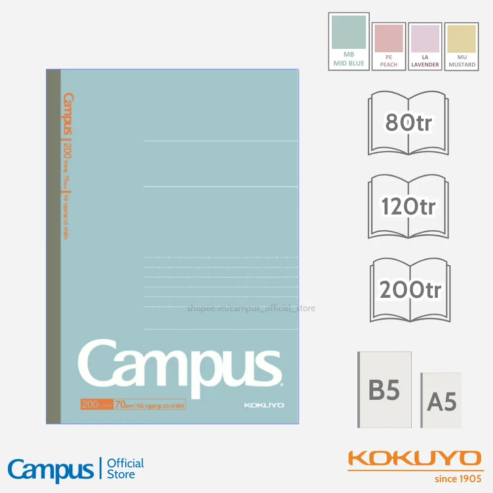 Ảnh Vở (Tập) Gáy Keo Kusumi Series Kẻ Ngang Có Chấm/ 4 Ly Ngang 80/120/200 Trang Khổ B5 Chính Hãng Campus 2
