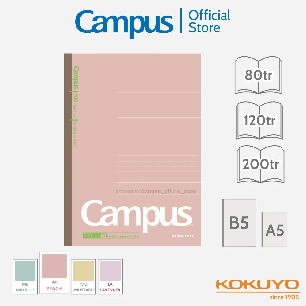 Ảnh Vở (Tập) Gáy Keo Kusumi Series Kẻ Ngang Có Chấm/ 4 Ly Ngang 80/120/200 Trang Khổ B5 Chính Hãng Campus 3