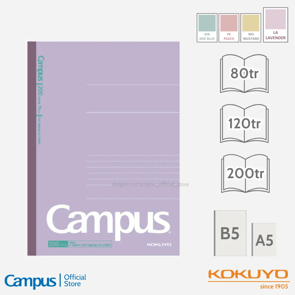 Ảnh Vở (Tập) Gáy Keo Kusumi Series Kẻ Ngang Có Chấm/ 4 Ly Ngang 80/120/200 Trang Khổ B5 Chính Hãng Campus 4