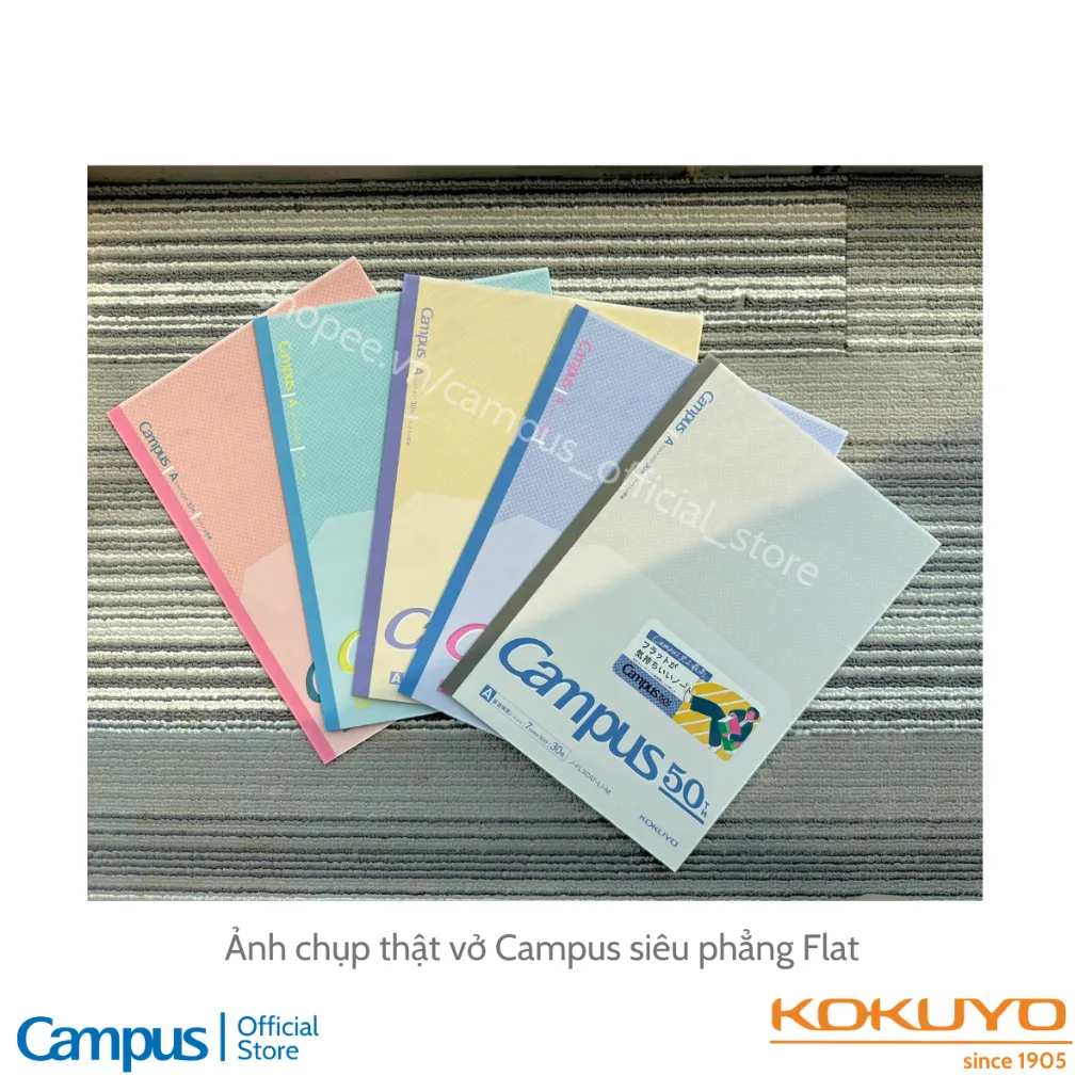 Ảnh Vở (Tập) Học Sinh Gáy Keo Giấy Nhật Siêu Phẳng Flat Kẻ Ngang Có Chấm 7mm 60 Trang Khổ B5 Campus 50 Series 4