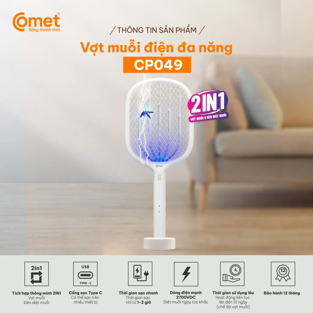 Ảnh Vợt muỗi điện Comet CP049 Pin Lithium 500mAh sạc 2h dùng 10 ngày BH 12T cổng sạc type C 3