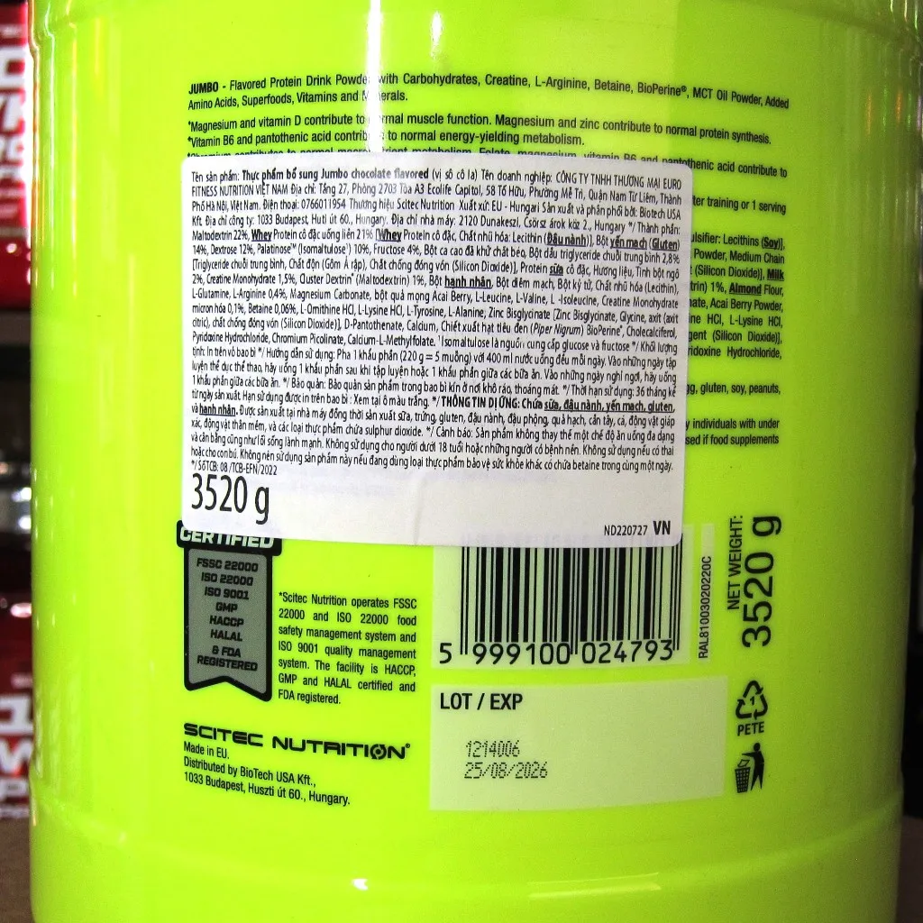 Ảnh Whey Sữa Tăng Cơ Tăng Cân JUMBO Scitec Nutrition Thực Phẩm Bổ Sung Jumbo - 3520G (16 Serving) 3