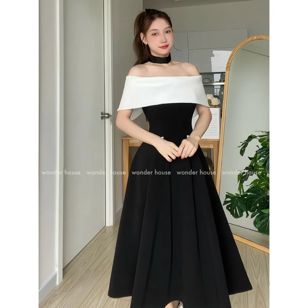 Ảnh WONDERHOUSE Mia Deess đầm trễ vai phối trắng dáng xòe chất vải dày dặn dự tiệc sang chảnh, dạo phố nữ tính 4