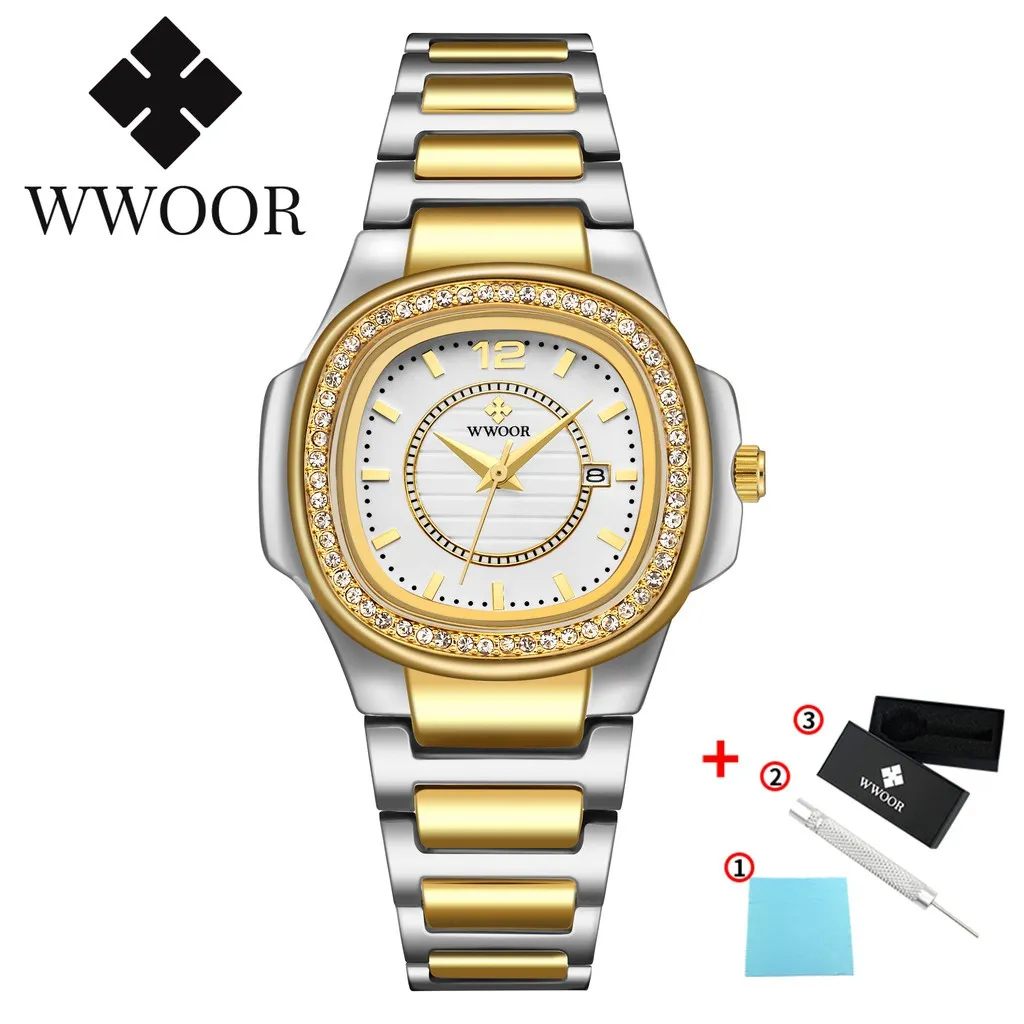 Ảnh WWOOR  Đồng hồ đeo tay  máy Quartz mặt vuông chất liệu thép không gỉ mạ vàng sang trọng-8874 1