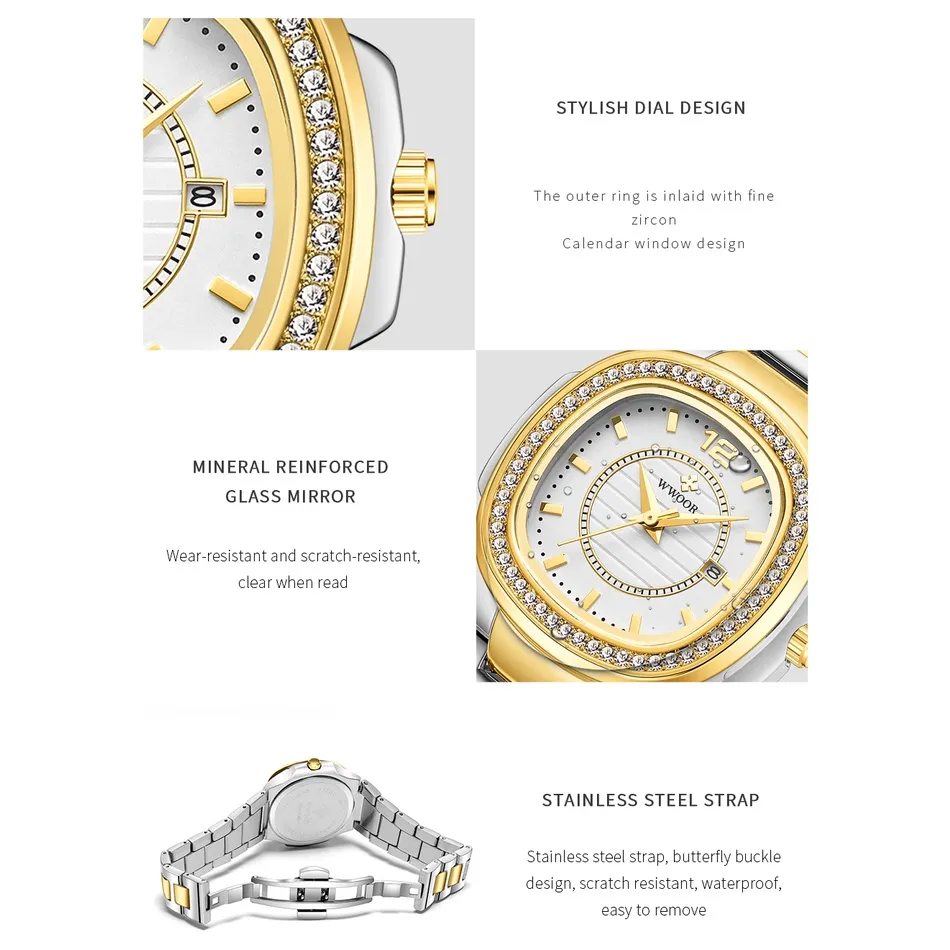 Ảnh WWOOR  Đồng hồ đeo tay  máy Quartz mặt vuông chất liệu thép không gỉ mạ vàng sang trọng-8874 4