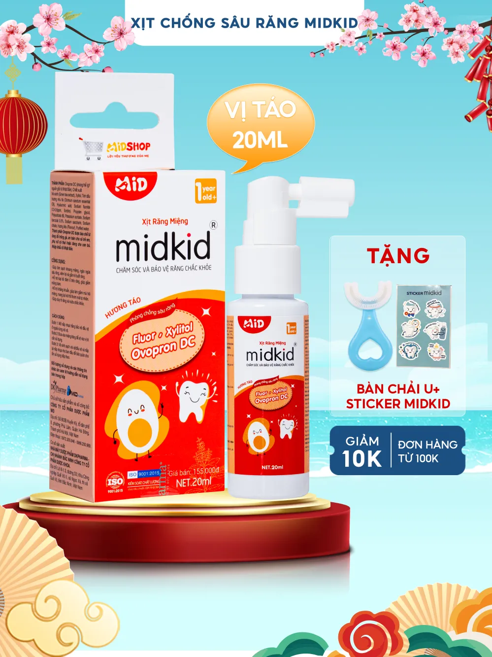 Ảnh Xịt chống sâu răng MIDKID chính hãng hương Táo 20ml, vị ngọt thơm nuốt an toàn cho bé từ 1 tuổi 1