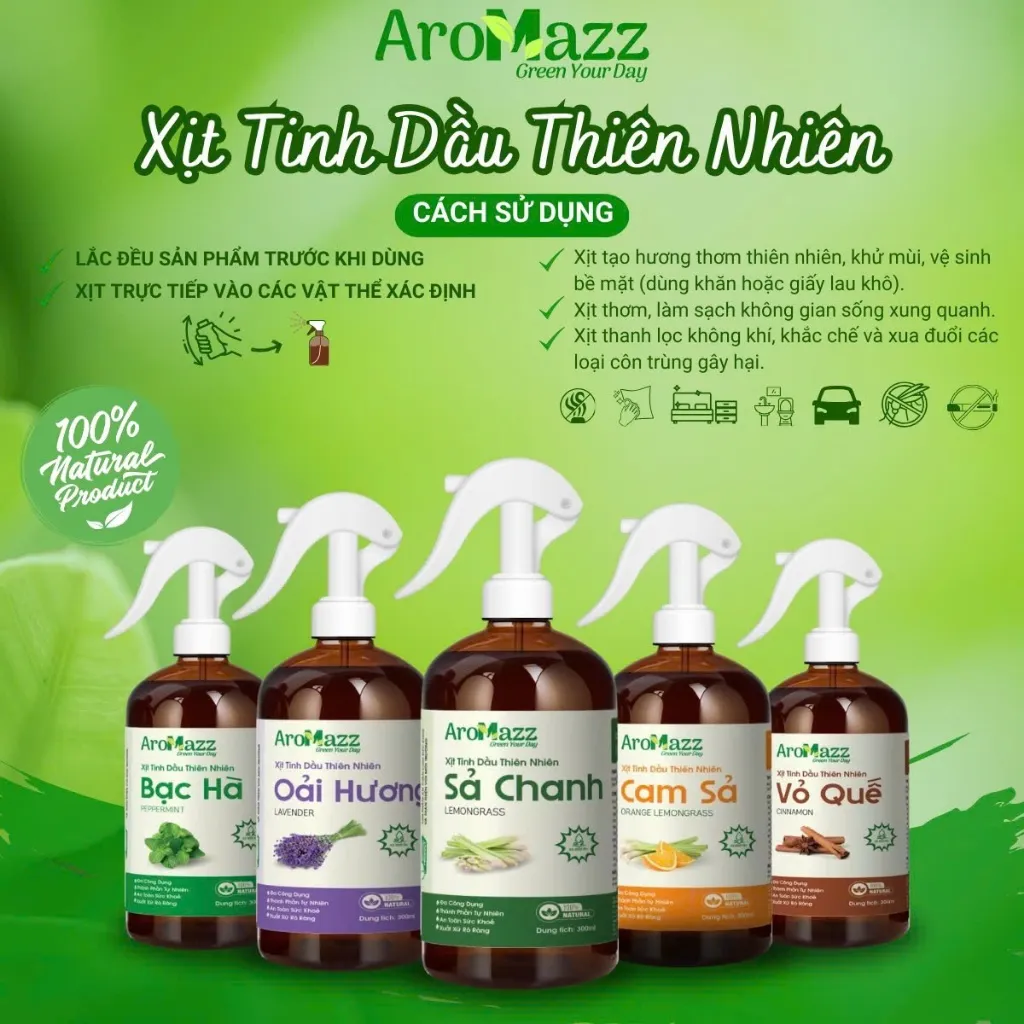 Ảnh Xịt Thơm Nhà Khử Mùi Xịt Tinh Dầu Thiên Nhiên AroMazz Thơm Phòng Khử Mùi Đuổi Muỗi Côn Trùng Nhiều Mùi Chai lớn 300ml 3