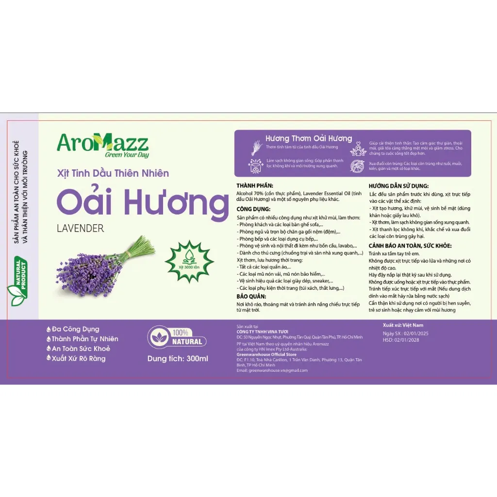 Ảnh Xịt Tinh Dầu Oải Hương Tinh Dầu Thiên Nhiên AroMazz  Xịt Thơm Phòng Khử Mùi Ngủ Ngon Giảm Stress Chai lớn 300ml 3