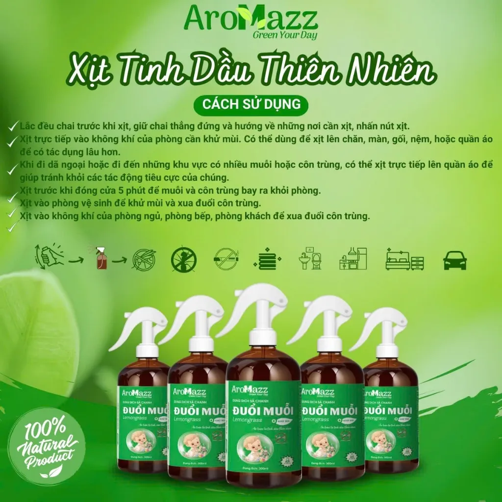 Ảnh Xịt Tinh Dầu  Xịt Thơm Phòng Khử Mùi Đuổi Muỗi Côn Trùng AroMazz Nhiều Mùi Chai Lớn 300ml 4