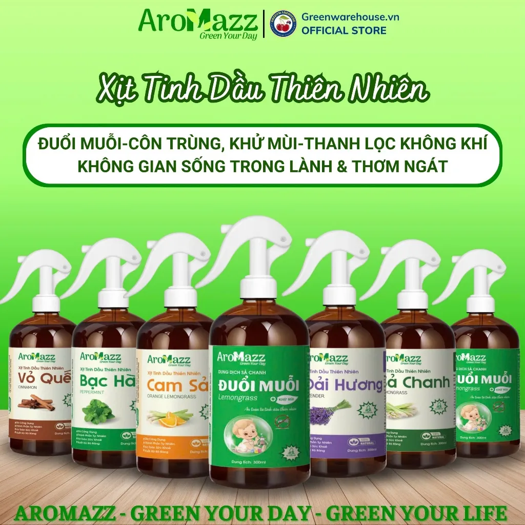 Ảnh Xịt Đuổi Muỗi Sả Chanh Xịt Tinh Dầu Thiên Nhiên AroMazz Đuổi Muỗi Kiến Ba Khoang-Côn Trùng, Khử Mùi Lọc Không Khí 300ml 1