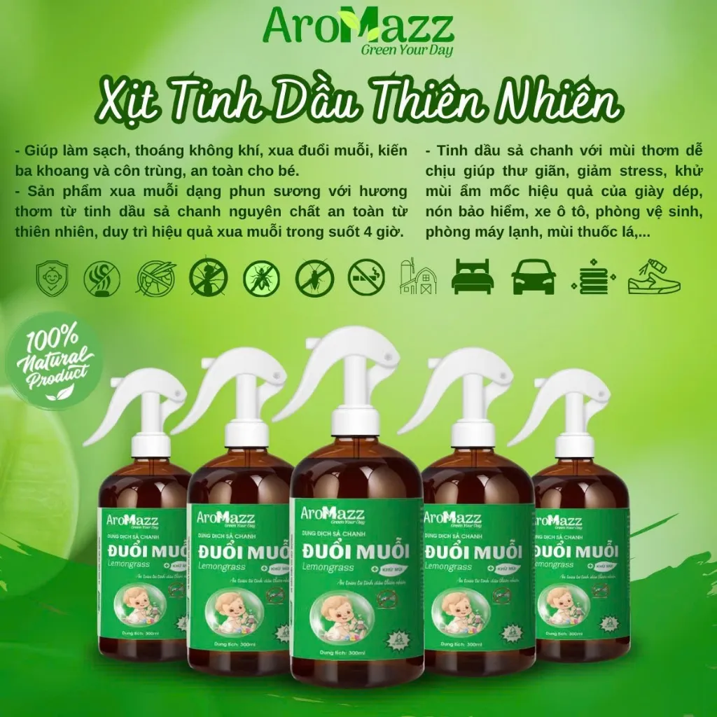 Ảnh Xịt Đuổi Muỗi Sả Chanh Xịt Tinh Dầu Thiên Nhiên AroMazz Đuỗi Muỗi Khử Mùi Đuổi Kiến Ba Khoang Côn Trùng Chai lớn 300ml 4