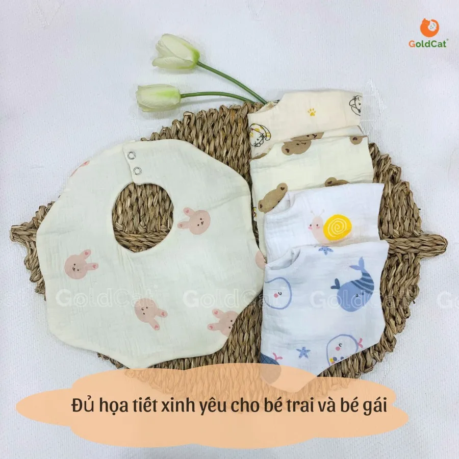 Ảnh Yếm cổ tròn cho bé trai, bé gái chất liệu muslin xô cotton điều chỉnh 2 nấc linh hoạt. 2