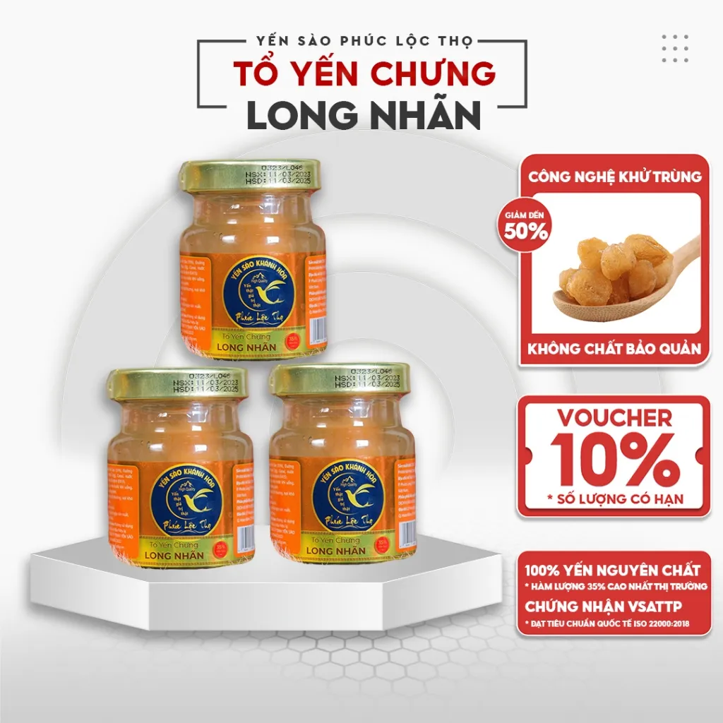 Ảnh Yến chưng sẵn Combo 6 hũ Long nhãn,Tổ Yến Sào Khánh Hòa Phúc Lộc Thọ,Hũ 35% hàm lượng yến trên 1 hũ 70ml 2