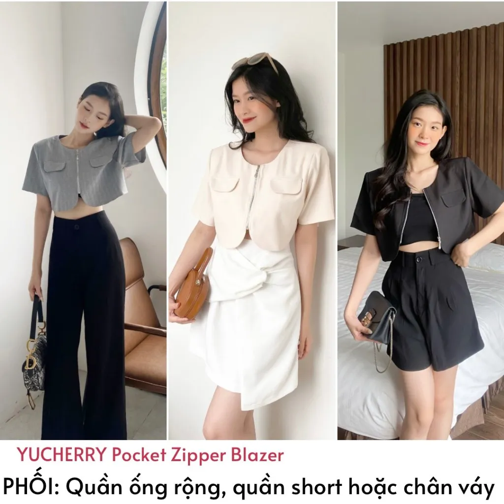 Ảnh YU CHERRY | Áo Blazer nữ tay ngắn, hai túi trước, vạt bầu Pocket Zipper Blazer YA429 1