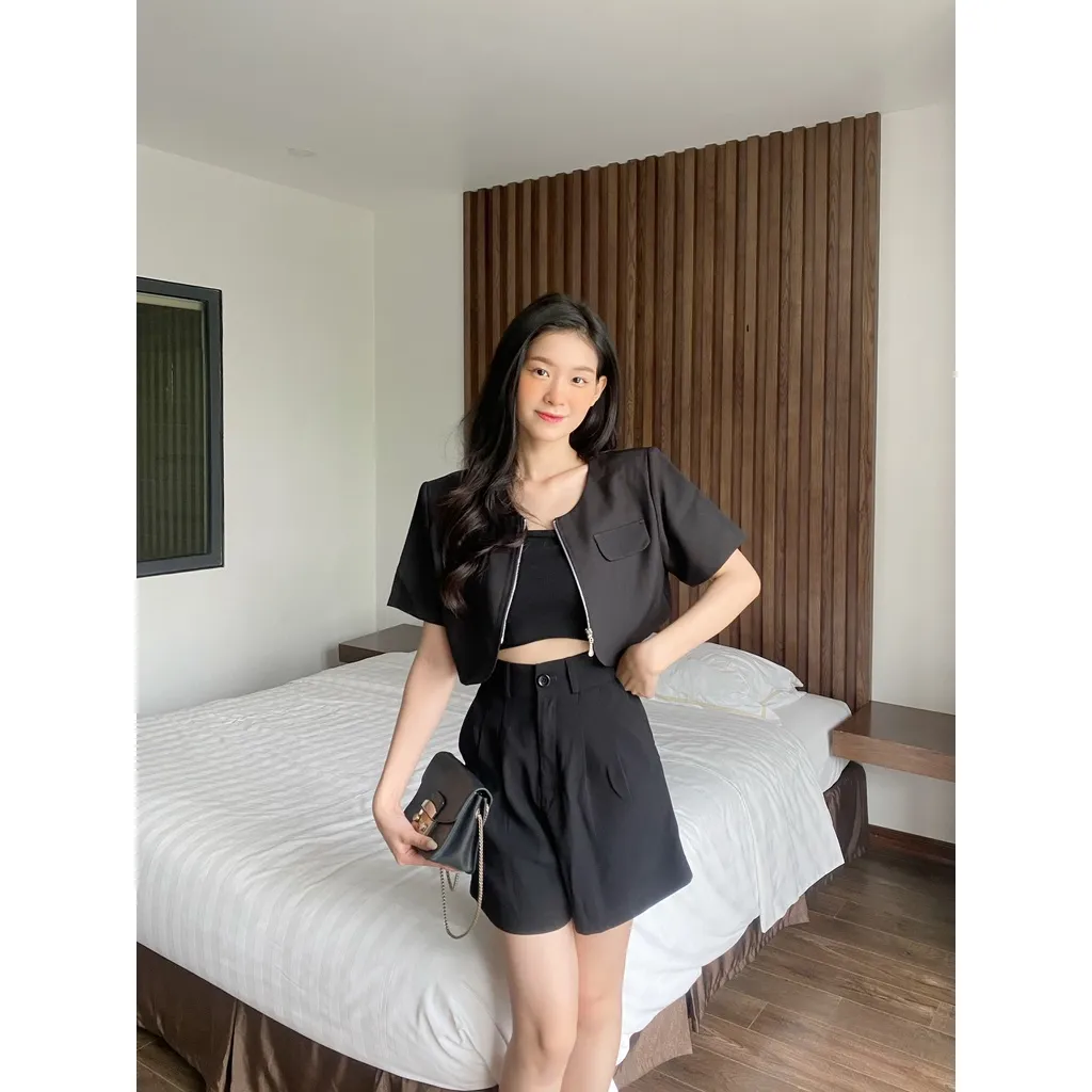 Ảnh YU CHERRY | Áo Blazer nữ tay ngắn, hai túi trước, vạt bầu Pocket Zipper Blazer YA429 4