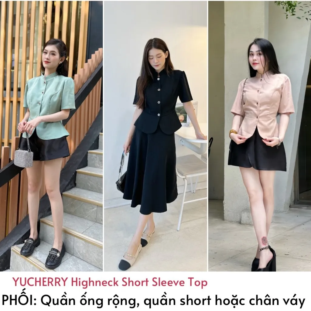 Ảnh YU CHERRY | Áo cổ trụ cao tròn, kiểu dáng sang trọng, nút kiểu đẹp Highneck Short Sleeve Top YA437 2