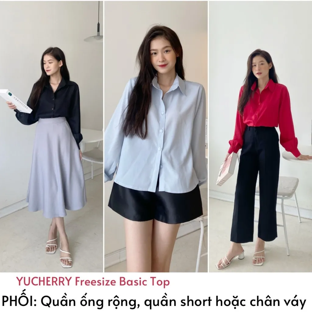 Ảnh YU CHERRY | Áo sơ mi nữ tay bồng đuôi cá Freesize Basic Shirt YA432 1