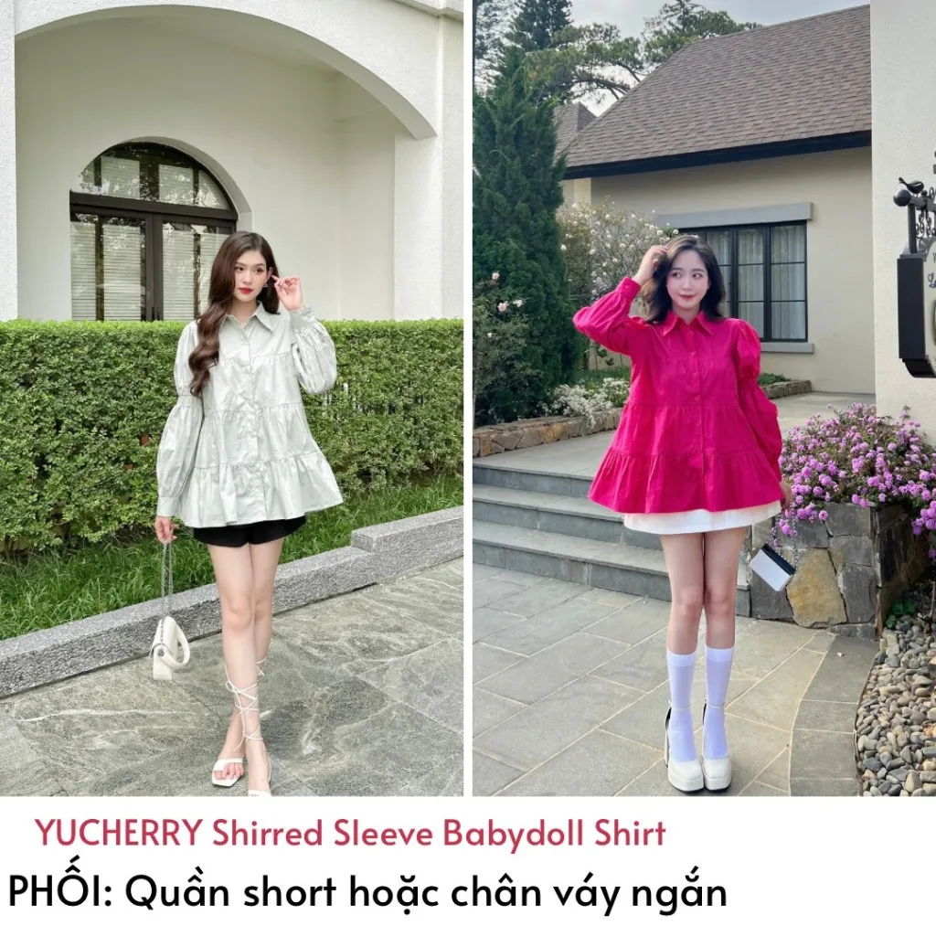 Ảnh YU CHERRY | Áo sơmi tay dài form babydoll Shirred Sleeve Babydoll Shirt YA449 2
