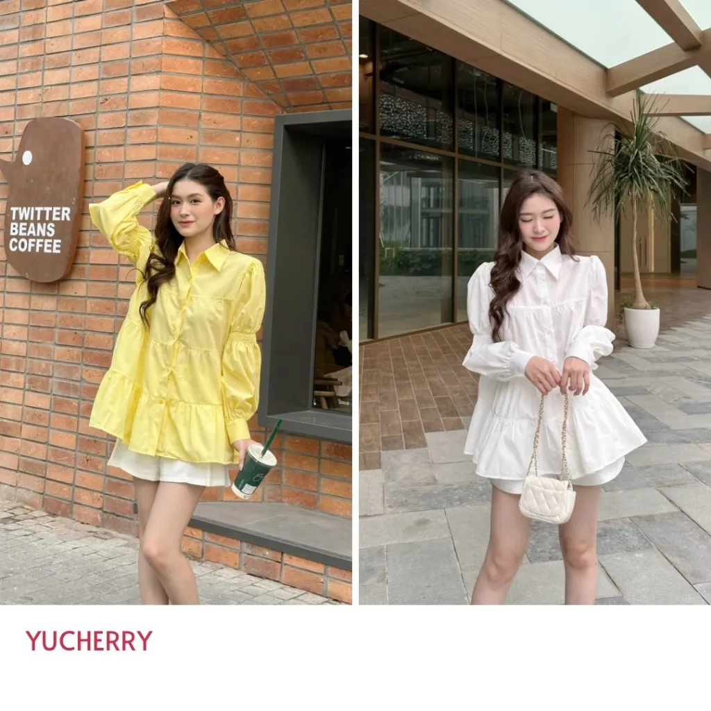 Ảnh YU CHERRY | Áo sơmi tay dài form babydoll Shirred Sleeve Babydoll Shirt YA449 4