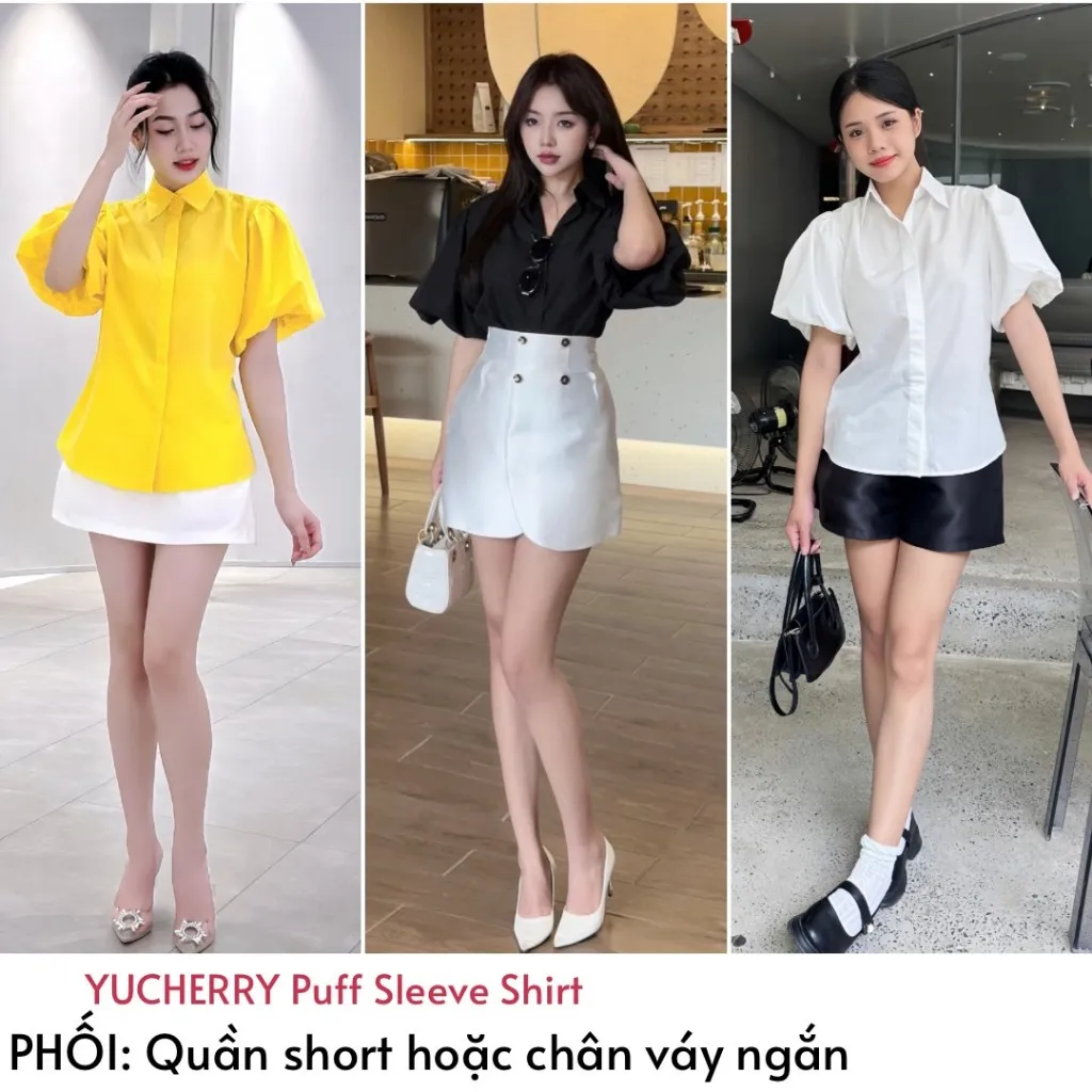 Ảnh YU CHERRY | Áo sơmi thiết kế nữ tay phồng ngắn giấu nút Puff Shirred Shirt YA489 1