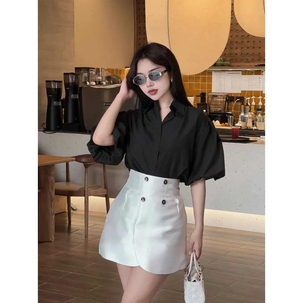 Ảnh YU CHERRY | Áo sơmi thiết kế nữ tay phồng ngắn giấu nút Puff Shirred Shirt YA489 2