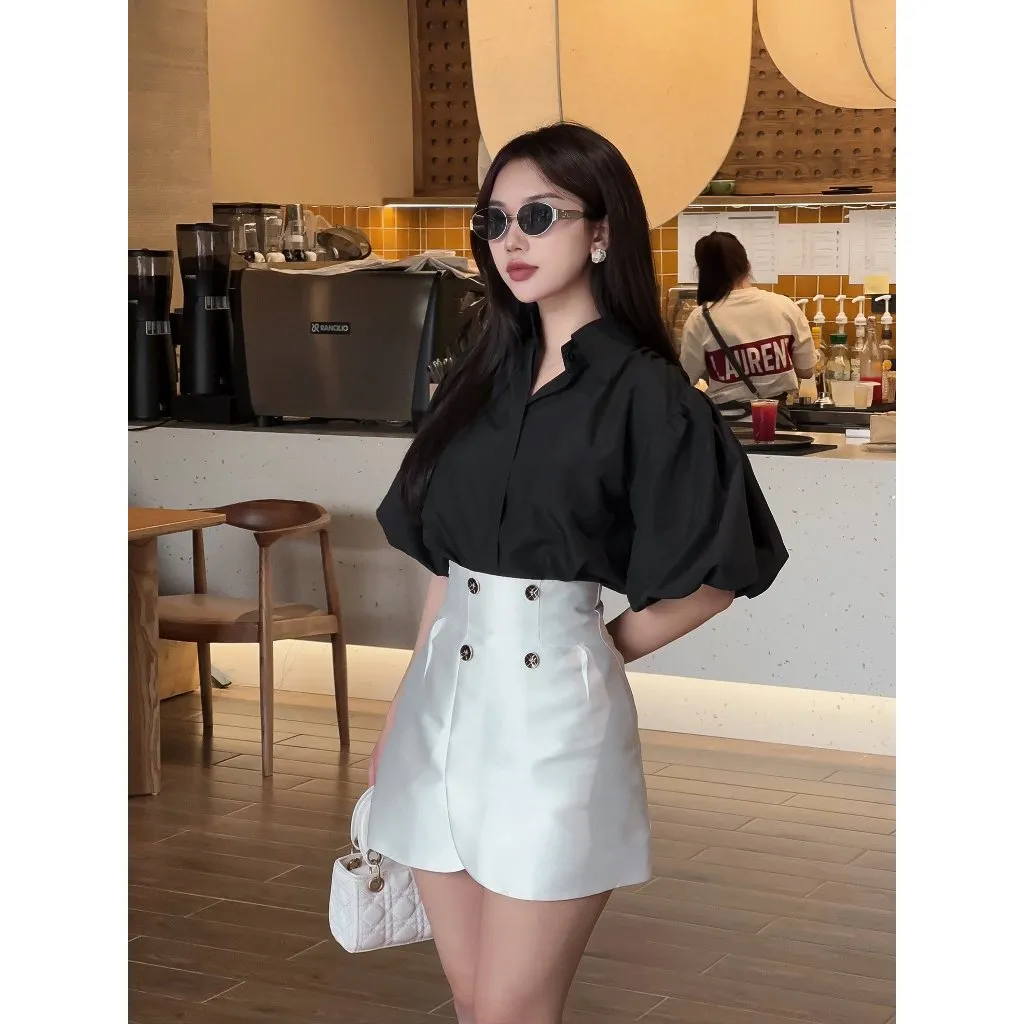 Ảnh YU CHERRY | Áo sơmi thiết kế nữ tay phồng ngắn giấu nút Puff Shirred Shirt YA489 3