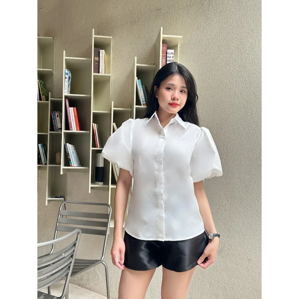 Ảnh YU CHERRY | Áo sơmi thiết kế nữ tay phồng ngắn giấu nút Puff Shirred Shirt YA489 4