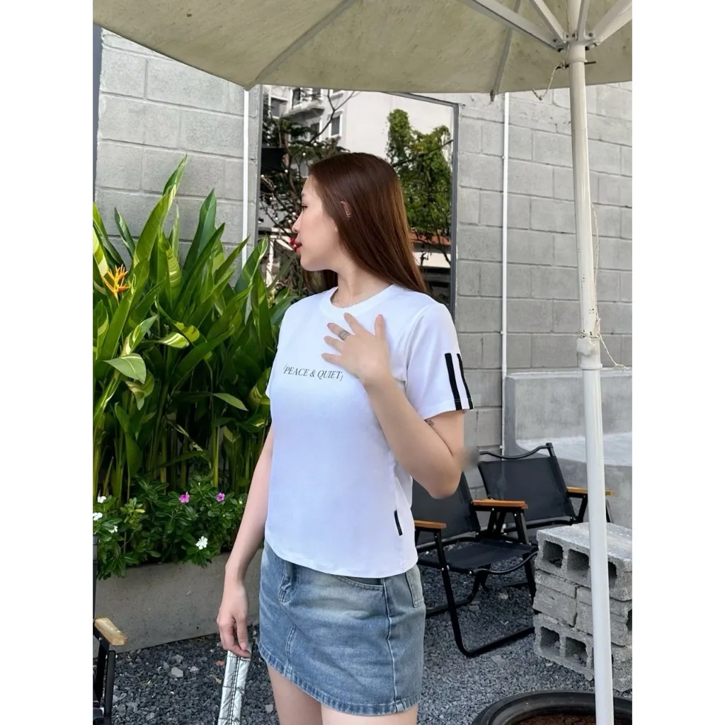Ảnh YU CHERRY | Áo thun Baby Tee nữ cotton 4 chiều tay ngắn Peace & Quiet Babytee YP026 1