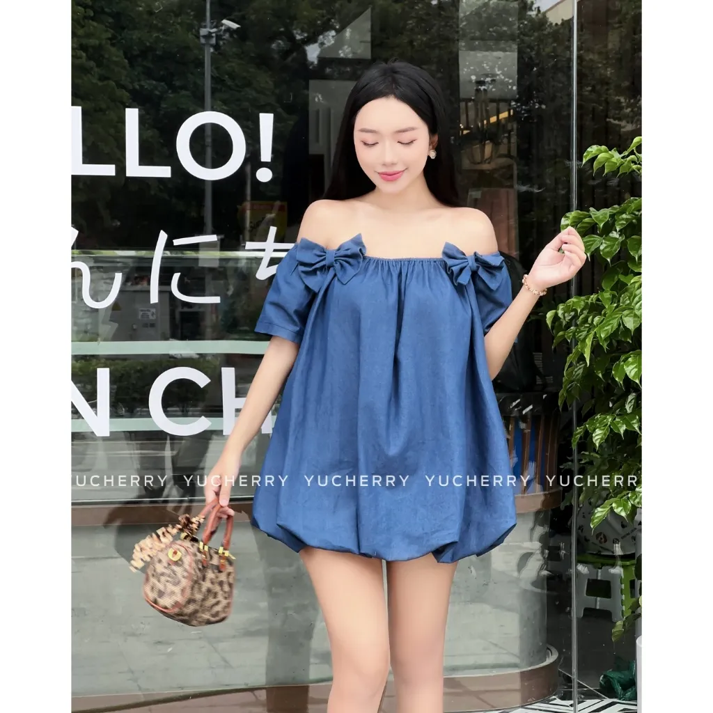 Ảnh YUCHERRY | Đầm trễ vai phối nơ from babydoll BABY PEPLUM DRESS YD188 2