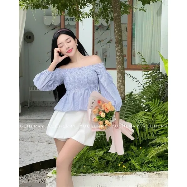 Ảnh YUCHERRY | Áo Nữ Trễ Vai Chiết Eo WANDA STRIPE TOP YA509 1