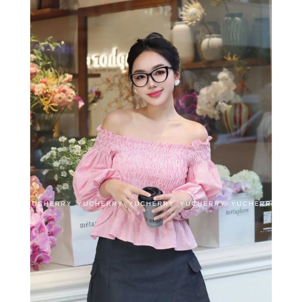 Ảnh YUCHERRY | Áo Nữ Trễ Vai Chiết Eo WANDA STRIPE TOP YA509 3