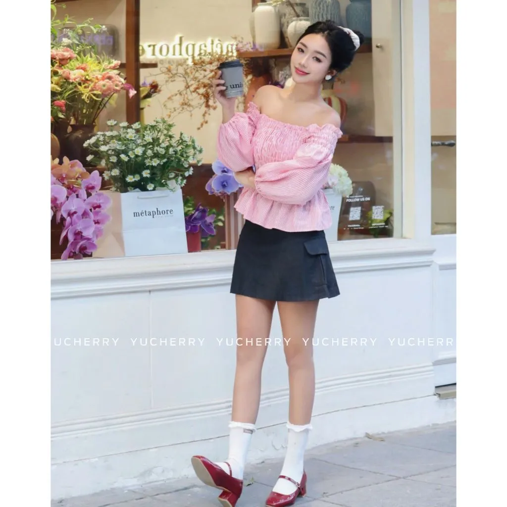 Ảnh YUCHERRY | Áo Nữ Trễ Vai Chiết Eo WANDA STRIPE TOP YA509 4