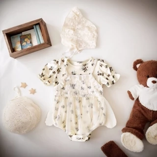 Bộ đồ liền thân ngắn tay mùa hè cho bé gái Quần áo ren Cotton có mũ thông thường
