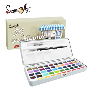 Set màu nước rắn SEAMIART 50 màu sắc kết hợp có hộp đựng thiếc và cọ vẽ tiện lợi