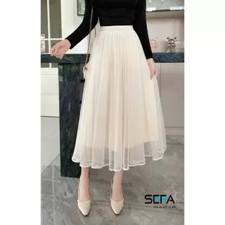 Chân Váy SEFA xếp ly Xòe dáng Dài Lưới Bên Ngoài, lót lụa dập ly mềm chất liệu voan cao cấp có thể mặc 2 kiểu