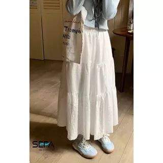 Chân Váy SEFA Xòe Tầng Tiểu Thư Dài Màu Trắng Thô Ren Cotton Xốp Mềm Vintage Dành Cho Du Lịch, Đi Chơi, Trẻ Trung