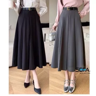 Chân váy xoè công sở SEFA dáng A dài midi xếp ly may chiết eo kèm đai chất liệu kate xước cao cấp