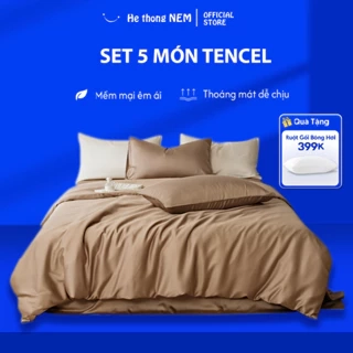 Bộ Ga Giường 5 Món Cao Cấp He thong NEM Set Vỏ Chăn Ga Ra Drap Tencel Trải Giường Gối Nệm Đệm 5 Món Lụa Cao Cấp