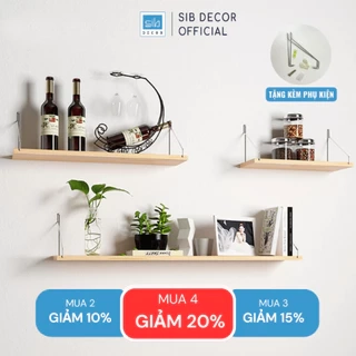 Kệ Gỗ Trang Trí Treo Tường Không Khoan SIB Decor, Móc Inox, Phụ Kiện Tặng Kèm KT02