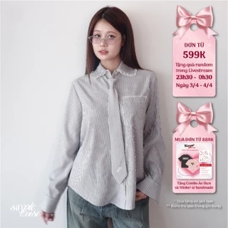 Áo sơ mi kẻ sọc kèm cà vạt tay dài màu xám và hồng Sweetheart Top thanh lịch công sở - Simple Twist