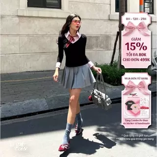 Áo thun tiểu thư kiểu tay dài đen phối chân váy xám xếp ly REGINA dể thương, sang trọng - Simple Twist Studio