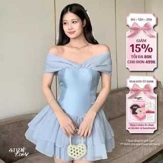 Đầm thiết kế trễ vai xòe tầng màu xanh ODETTE dự tiệc sang trọng - Simple Twist