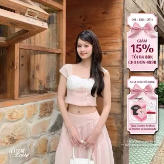 Set áo croptop phối váy xoè dài vải lưới màu hồng mơ dâu DEMETER nữ tính, thanh lịch - Simple Twist