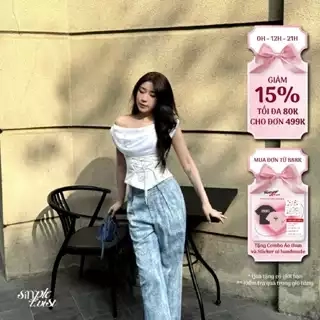 Set áo lụa trễ vai thắt eo phối quần jeans xếp ly ống xuông xanh loang MOONLIT [Có Tách Lẻ] - Simple Twist