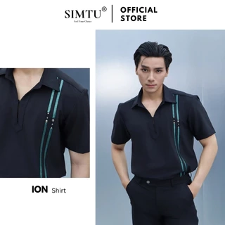 Áo sơ mi đen nam tay ngắn SIMTU điểm nhấn viền vải da sáng bóng kết hợp nút kim loại cao cấp | SM044