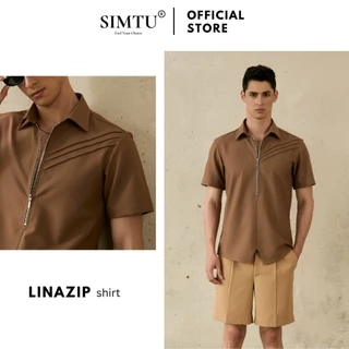Áo sơ mi nam màu nâu tay ngắn SIMTU, điểm nhấn xếp li và dây khoá kéo, vải cotton thoáng mát & co giãn | SM049-50