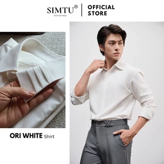 Áo sơ mi nam tay dài cao cấp SIMTU màu trắng cơ bản chất liệu cotton lạnh - điểm nhấn lá cổ xếp ly | SM002