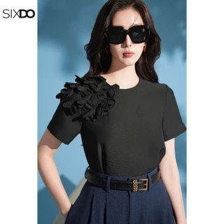 Áo đen nữ cộc tay hoa 3D SIXDO (Black 3D Flower Woven Blouse)