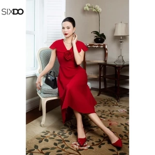 Đầm đỏ xòe cổ tim phối hoa SIXDO (Red Woven Flared Dress With Flower)