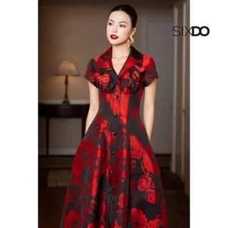 Đầm gấm đen hoa đỏ dáng xòe ngắn tay SIXDO (Black Brocade Flared Dress)